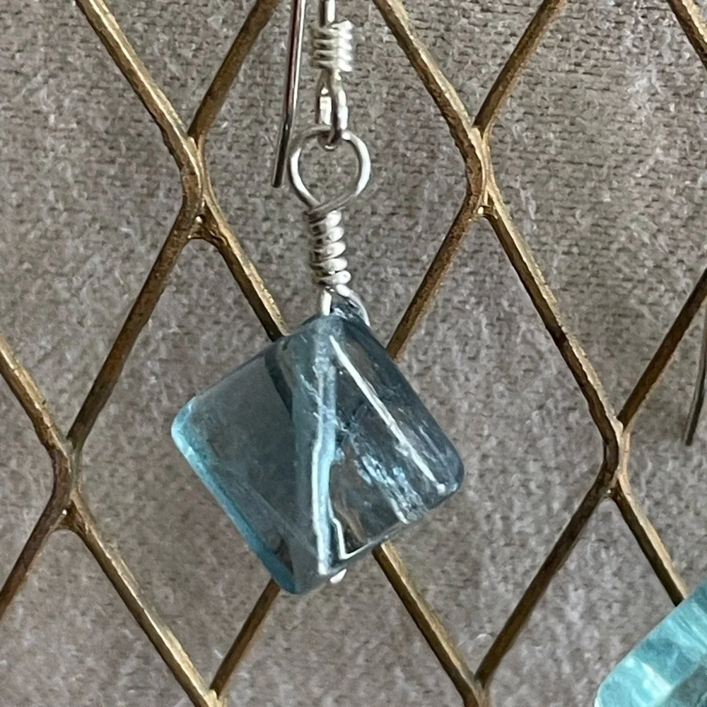 Natural Fluorite Sterling Silver Wire Wrapped Earrings Handmade Gemstone Dangles